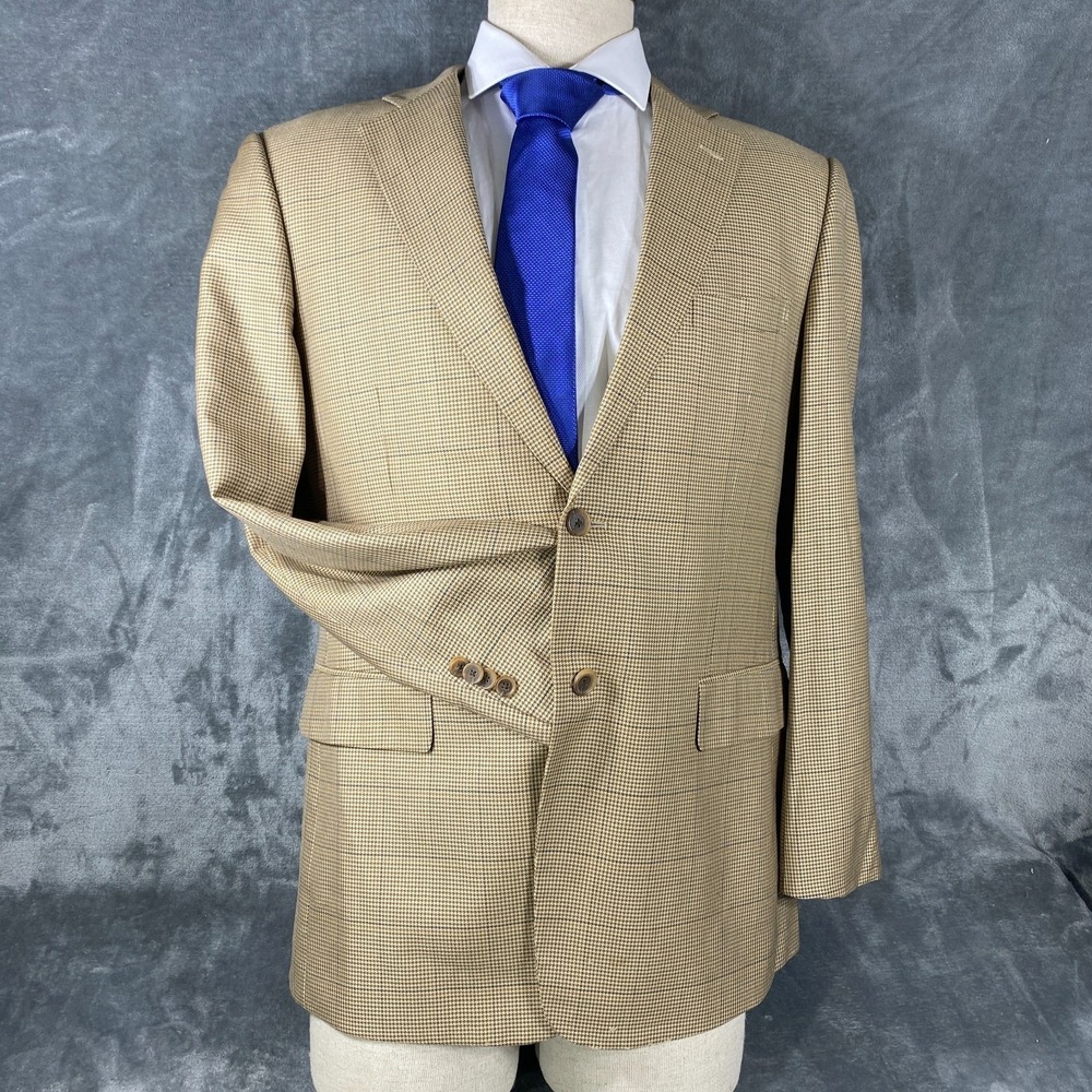 John W. Nordstrom Blazer Jacket Mens 42R Brown Houndstooth Check Silk Wool Blend